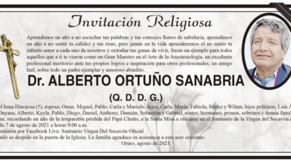 Invitación religiosa en memoria del Dr. Alberto Ortuño Sanabria