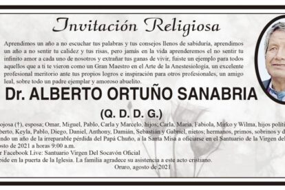 Invitación religiosa en memoria del Dr. Alberto Ortuño Sanabria