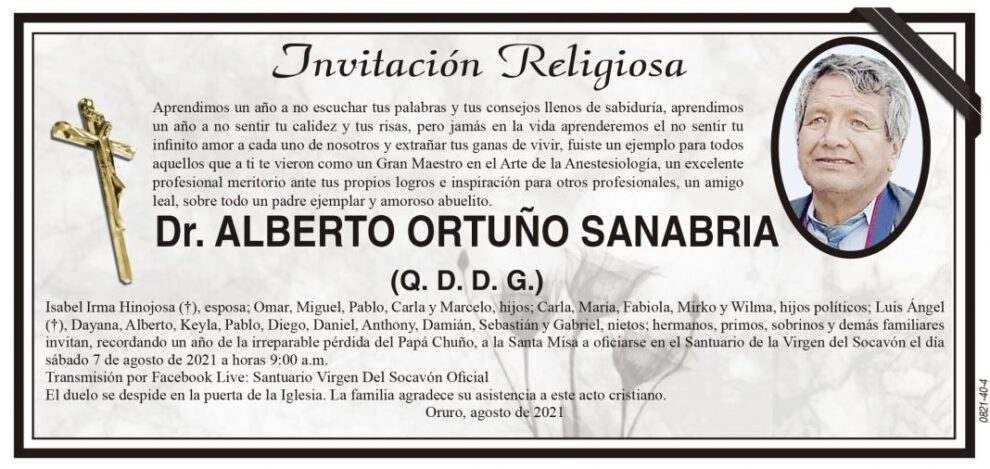 Invitación religiosa en memoria del Dr. Alberto Ortuño Sanabria
