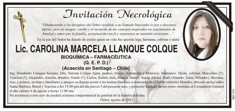 Lic. Carolina Marcela Llanque Colque obituario
