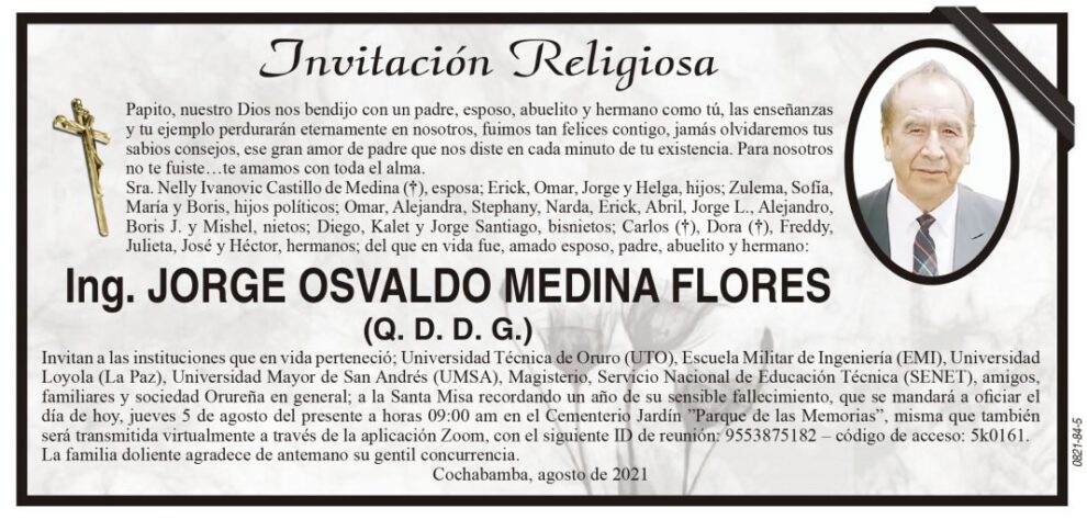 Ing. Jorge Osvaldo Medina Flores, invitación a la Santa Misa