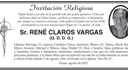 Invitación Religiosa en memoria de René Claros Vargas