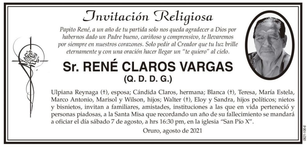 Invitación Religiosa en memoria de René Claros Vargas