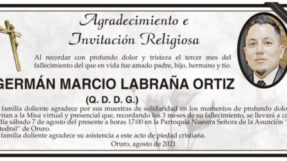 Agradecimiento e Invitación Religiosa: Germán Marcio Labraña Ortiz