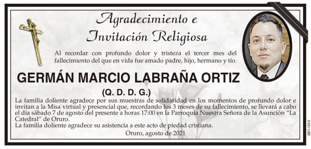 Agradecimiento e Invitación Religiosa: Germán Marcio Labraña Ortiz