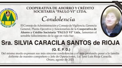 Condolencia por el fallecimiento de Silvia Caracila Santos
