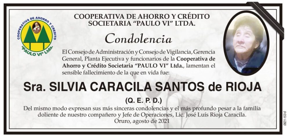 Condolencia por el fallecimiento de Silvia Caracila Santos