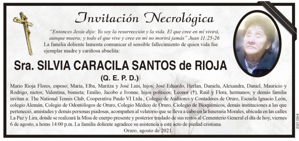 Invitación Necrológica Sra. SILVIA CARACILA SANTOS de RIOJA