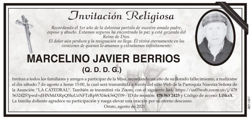 Invitación Religiosa para Marcelino Javier Berrios