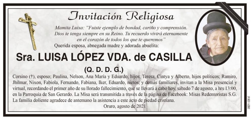 Invitación Religiosa para Luisa López Vda. de Casilla