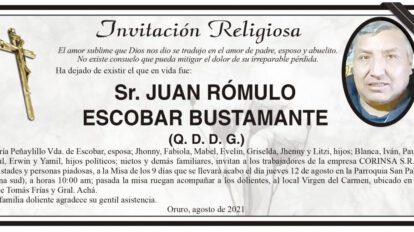 Invitación Religiosa para Juan Rómulo Escobar Bustamante