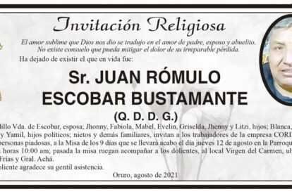 Invitación Religiosa para Juan Rómulo Escobar Bustamante