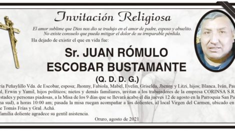 Invitación Religiosa para Juan Rómulo Escobar Bustamante