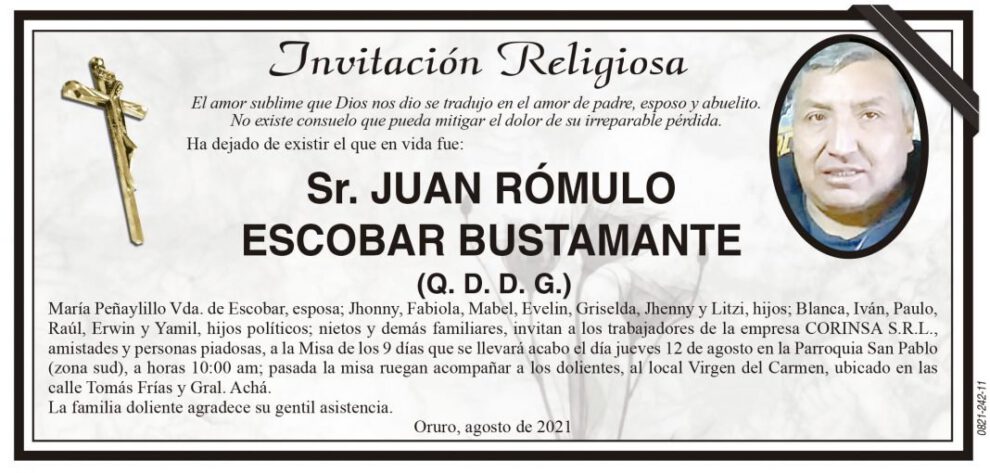 Invitación Religiosa para Juan Rómulo Escobar Bustamante