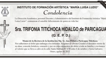 Condolencia por el fallecimiento de Trifonia Titichoca Hidalgo