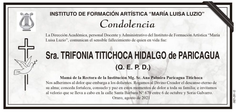 Condolencia por el fallecimiento de Trifonia Titichoca Hidalgo