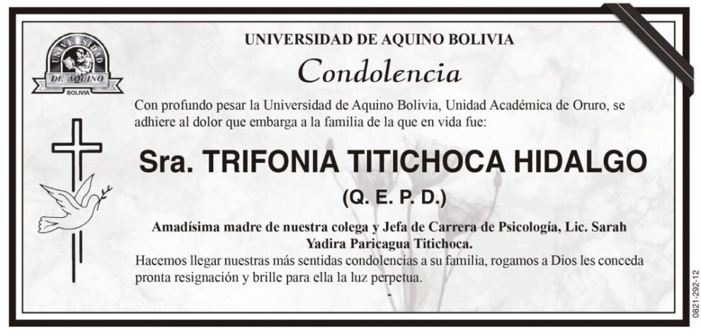 Condolencia por el fallecimiento de Trifonia Titichoca Hidalgo