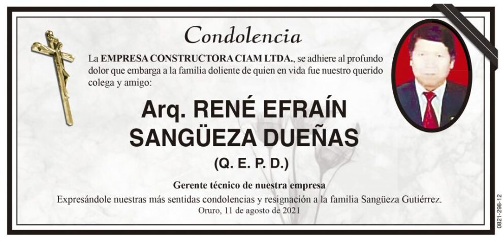 Condolencia por el fallecimiento de René Efraín Sangüeza Dueñas