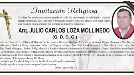 Invitación Religiosa en memoria de Julio Carlos Loza Mollinedo