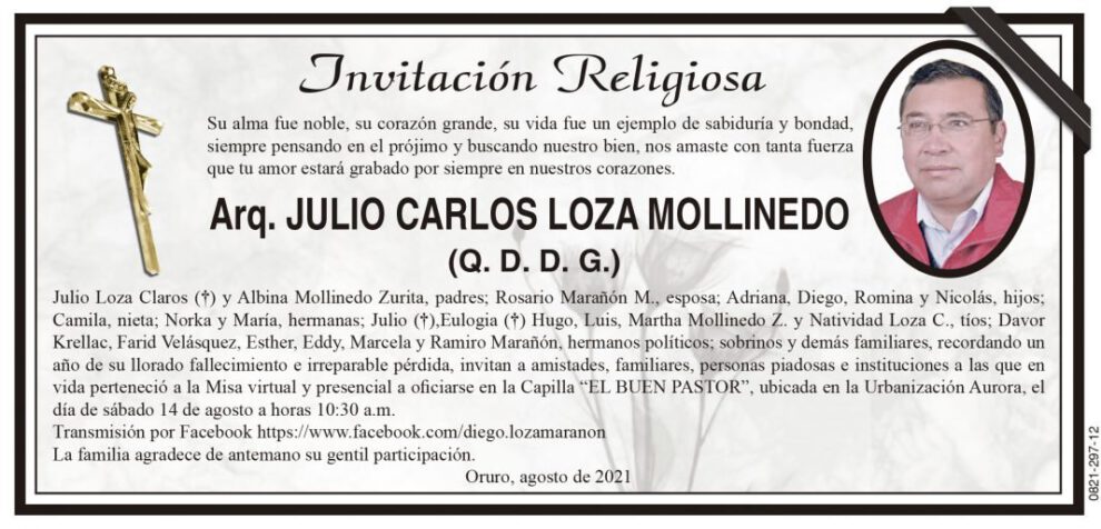 Invitación Religiosa en memoria de Julio Carlos Loza Mollinedo