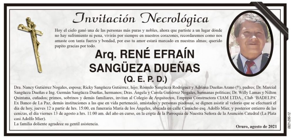 Invitación Necrológica de René Efraín Sangüeza Dueñas