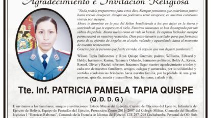 Agradecimiento e Invitación Religiosa por Tte. Inf. Patricia Pamela Tapia Quispe