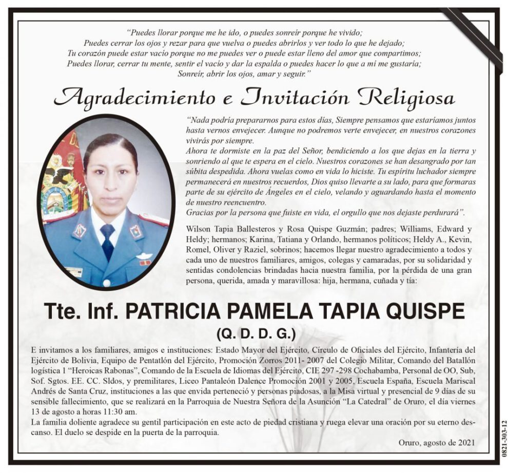 Agradecimiento e Invitación Religiosa por Tte. Inf. Patricia Pamela Tapia Quispe