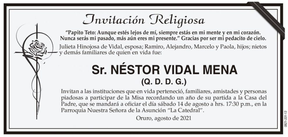 Invitación Religiosa para Néstor Vidal Mena