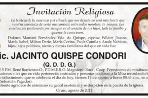 Lic. Jacinto Quispe Condori, invitación a misa recordatoria