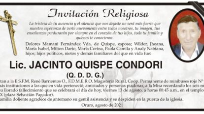 Lic. Jacinto Quispe Condori, invitación a misa recordatoria