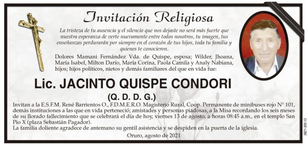Lic. Jacinto Quispe Condori, invitación a misa recordatoria
