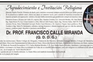 Agradecimiento e Invitación Religiosa: Dr. Prof. Francisco Calle Miranda