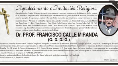Agradecimiento e Invitación Religiosa: Dr. Prof. Francisco Calle Miranda