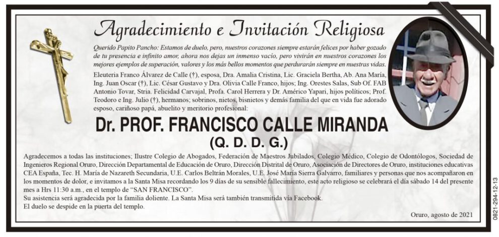 Agradecimiento e Invitación Religiosa: Dr. Prof. Francisco Calle Miranda