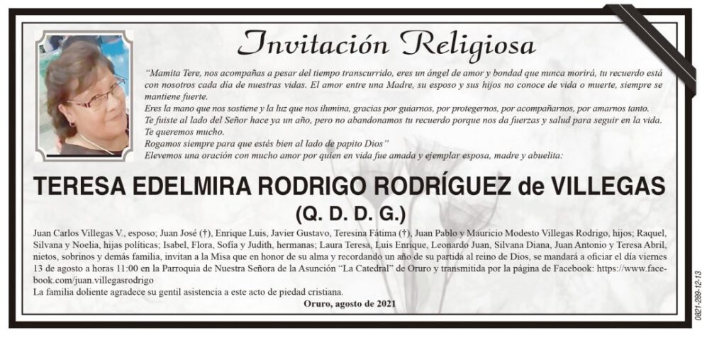 Invitación Religiosa: Teresa Edelmina Rodrigo Rodríguez