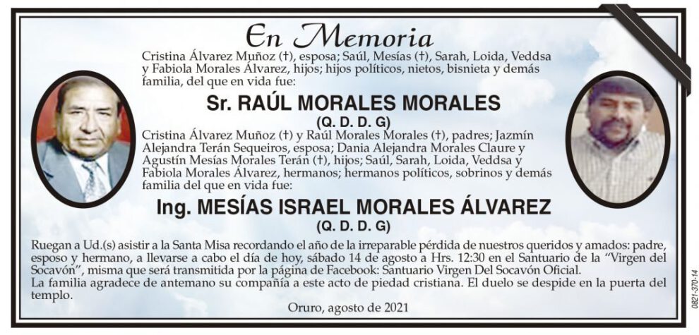 Obituarios de Raúl Morales Morales e Ing. Mesías Israel Morales Álvarez