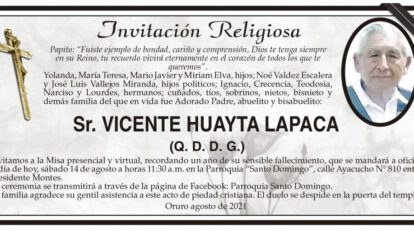 Invitación Religiosa para Vicente Huayta Lapaca