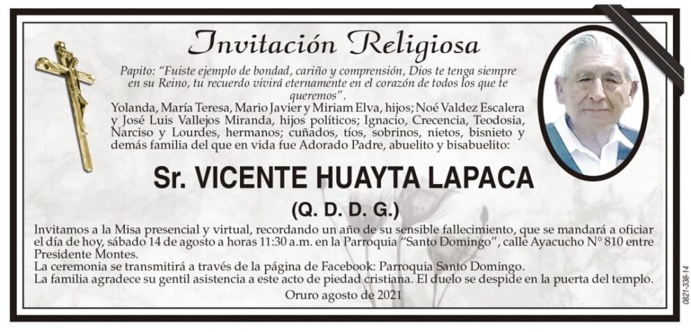 Invitación Religiosa para Vicente Huayta Lapaca