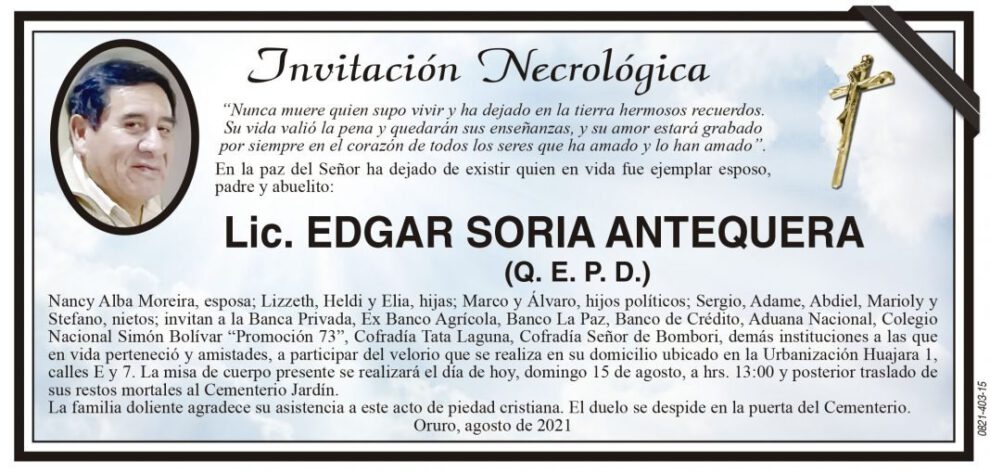 Lic. Edgar Soria Antequera, invitación necrológica
