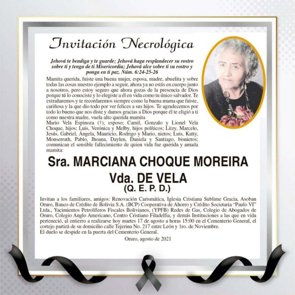 Invitación Necrológica de Marciana Choque Moreira