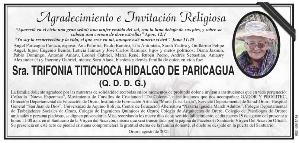 Agradecimiento e Invitación Religiosa: Trifonia Titichoca Hidalgo de Paricagua