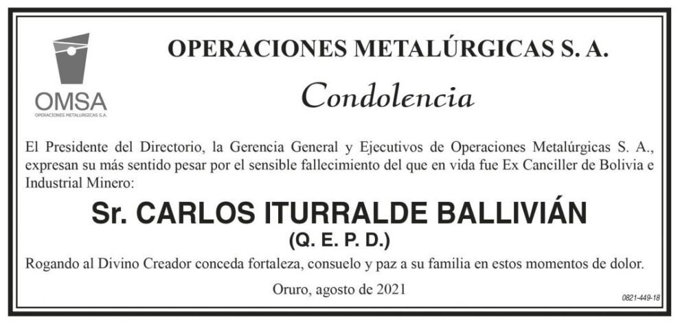 Condolencia por el fallecimiento de Carlos Iturralde Ballivián
