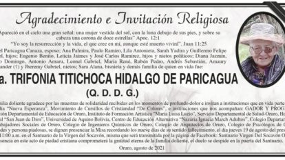 Agradecimiento e Invitación Religiosa por Trifonia Titichoca Hidalgo de Paricagua