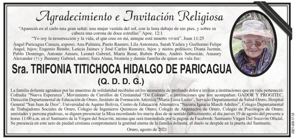 Agradecimiento e Invitación Religiosa por Trifonia Titichoca Hidalgo de Paricagua