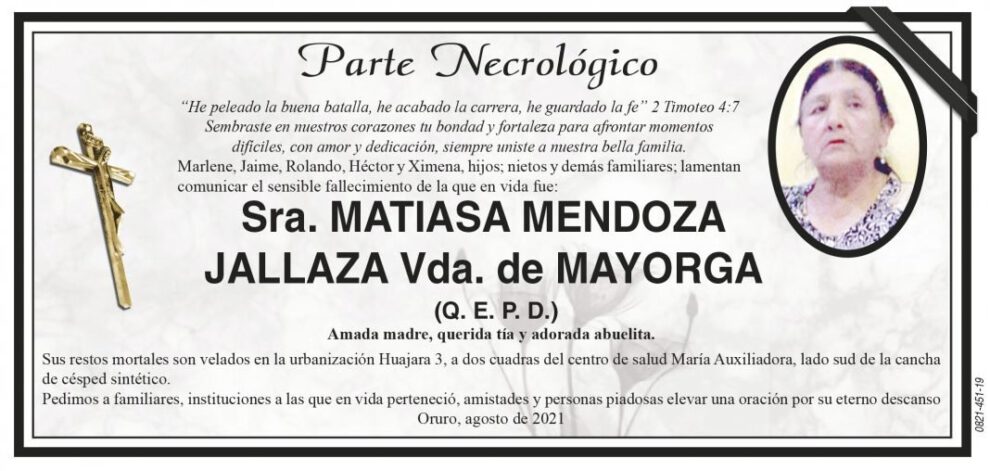 Parte Necrológico de Matiasa Mendoza Jallaza