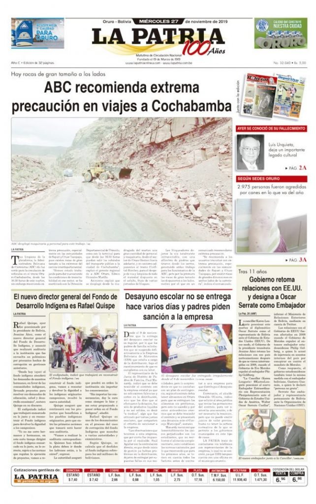 Portadas impresas del periódico La Patria