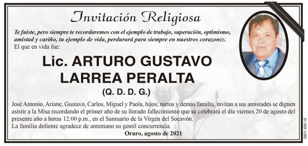 Lic. Arturo Gustavo Larrea Peralta, invitación a misa recordatoria