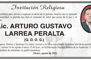 Lic. Arturo Gustavo Larrea Peralta, invitación a misa recordatoria