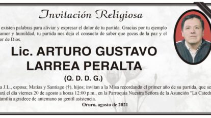 Lic. Arturo Gustavo Larrea Peralta, invitación a misa recordatoria