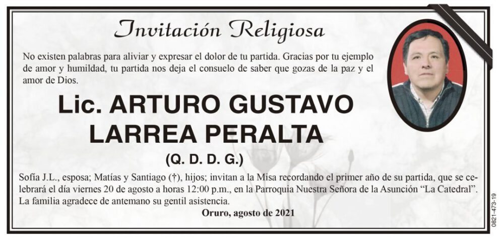 Lic. Arturo Gustavo Larrea Peralta, invitación a misa recordatoria